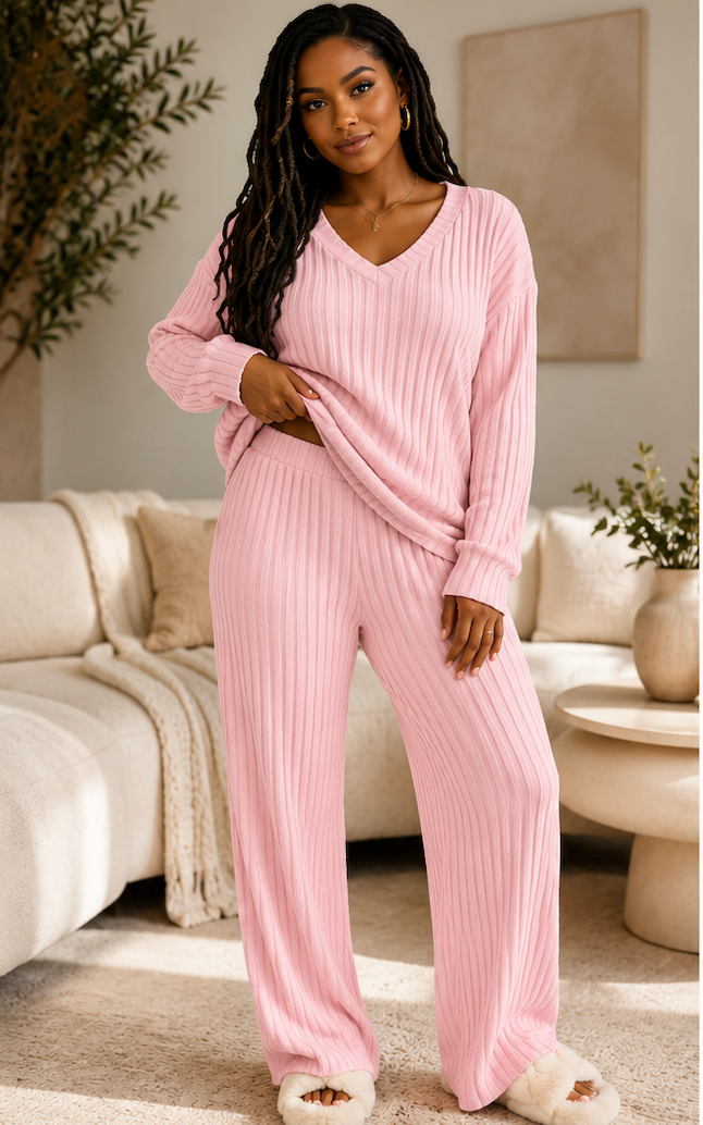 Pink Ribbed Lounge Set